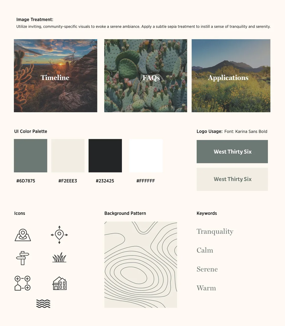 West Thirty Six style tile — desert photography, color palette, icon set, and topographic background pattern
