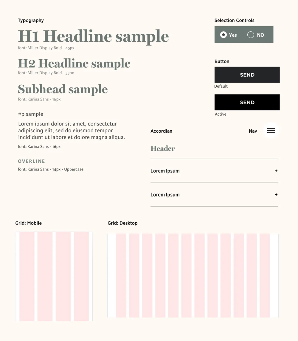 West Thirty Six UI kit — typography scale, buttons, accordion, selection controls, and grid system