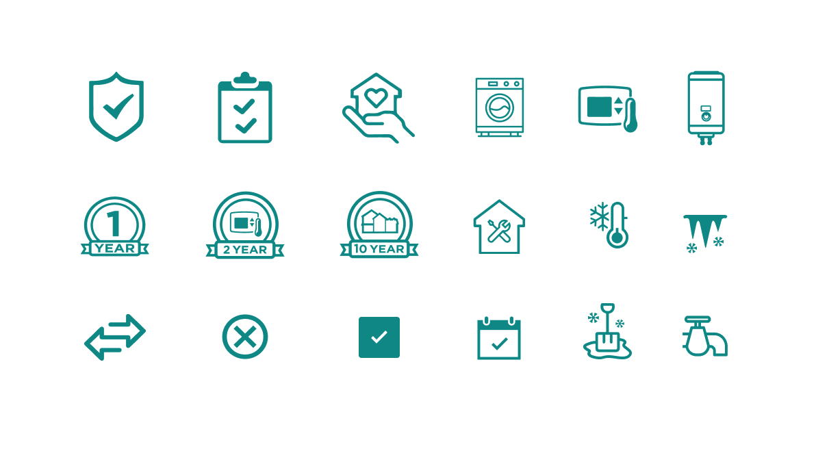 Full custom icon set — warranty badges, home care icons, appliance icons, maintenance states, and UI indicators in TB Teal