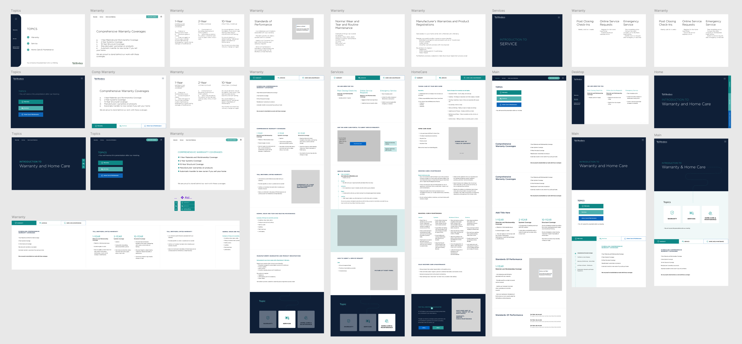 Color-coded Excel content brief showing full slide topic structure across all three sections